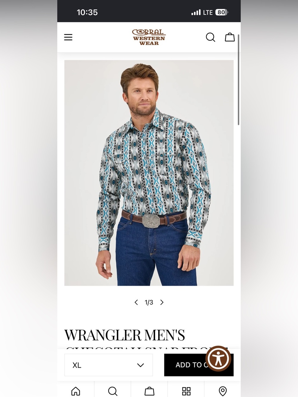 WRANGLER MEN'S CHECOTAH SNAP FRONT WESTERN SHIRT SIZE XL